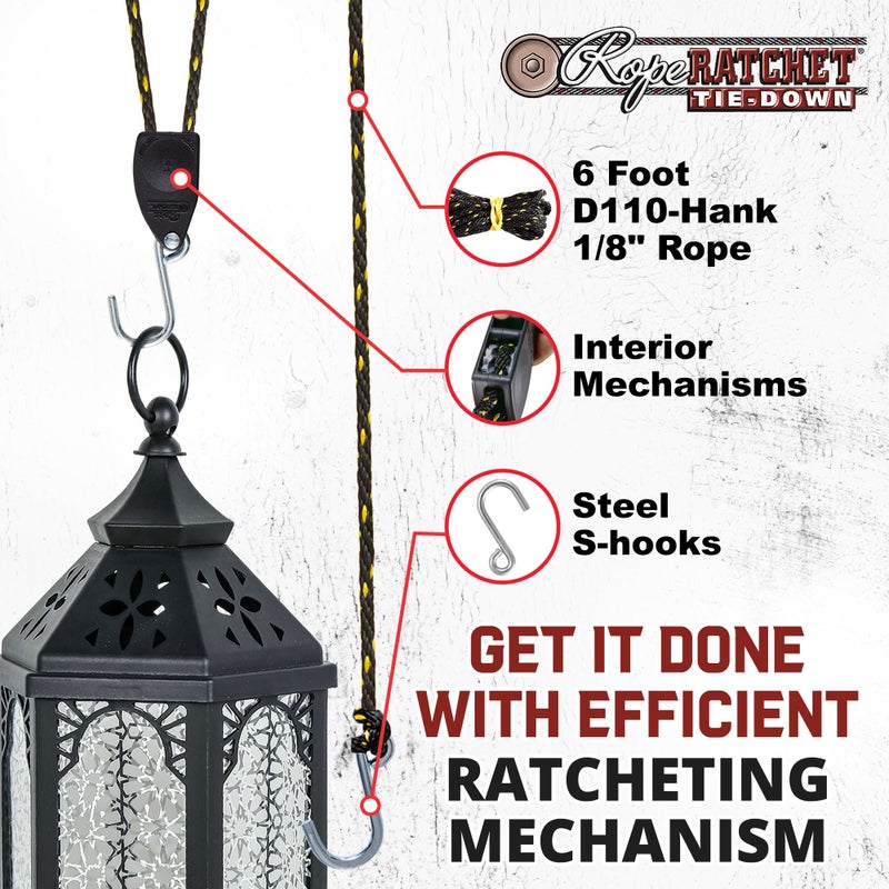 Rope Ratchet حبل ربط 1/8" مع حبل تعليق بطول 6' من بولي بروبيلين مضفر صلب، مثالي للكاياك، الكانو، الخيمة، أضواء النمو، المظلة، معدات الهواء الطلق، سعة 75 رطل - Image 5